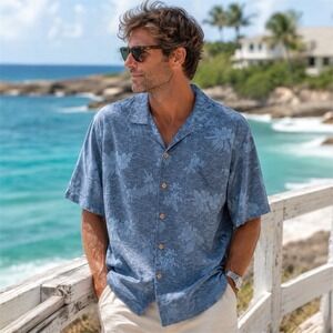 Tommy Bahama 100% Silk Blue Hawaiian Floral Camp Shirt Men's XL